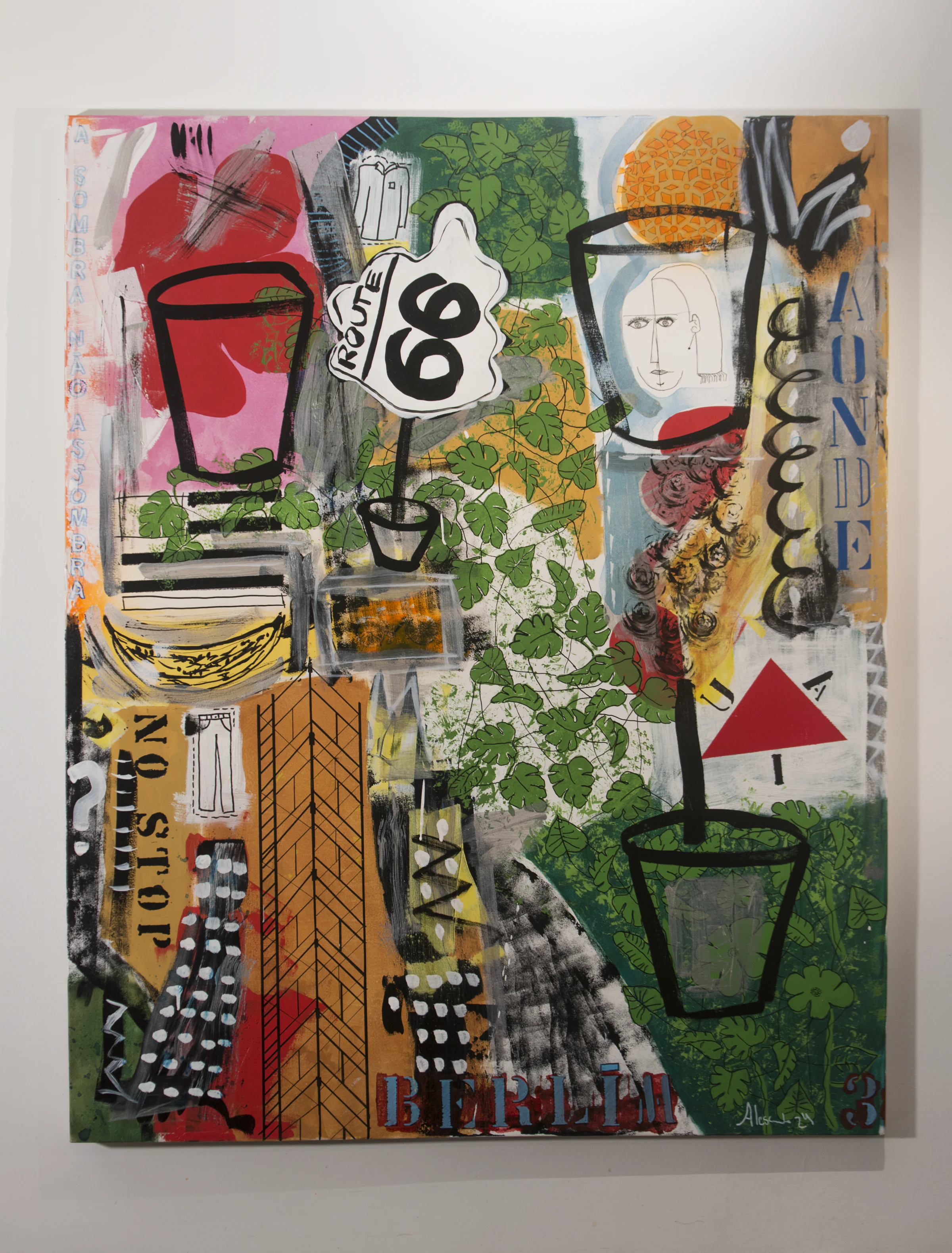 Layered vertical painting with architecture, vegetation, road signs, and collage fragments.