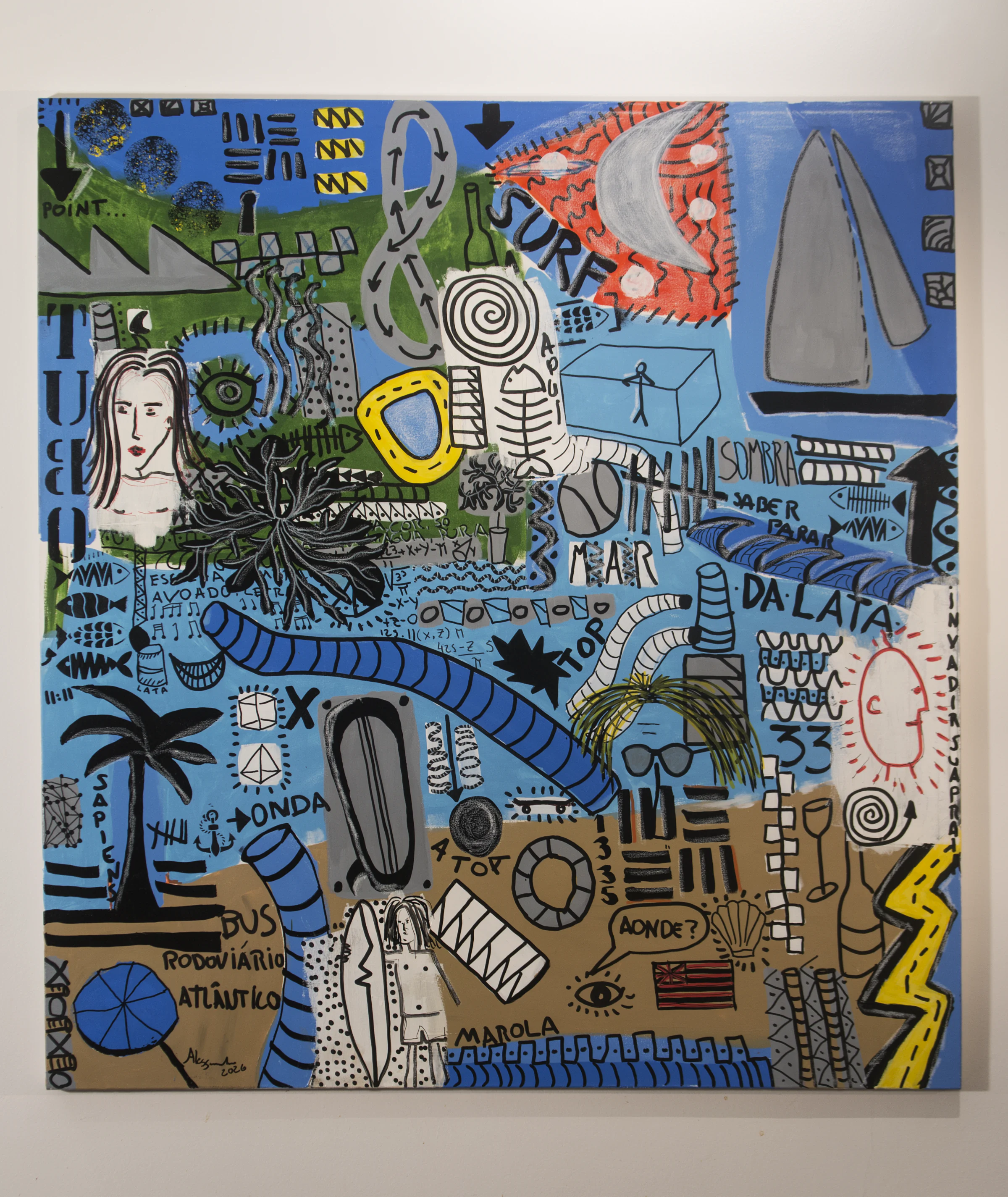 Blue-toned painting with references to sea, surf, and travel organized as a visual map.