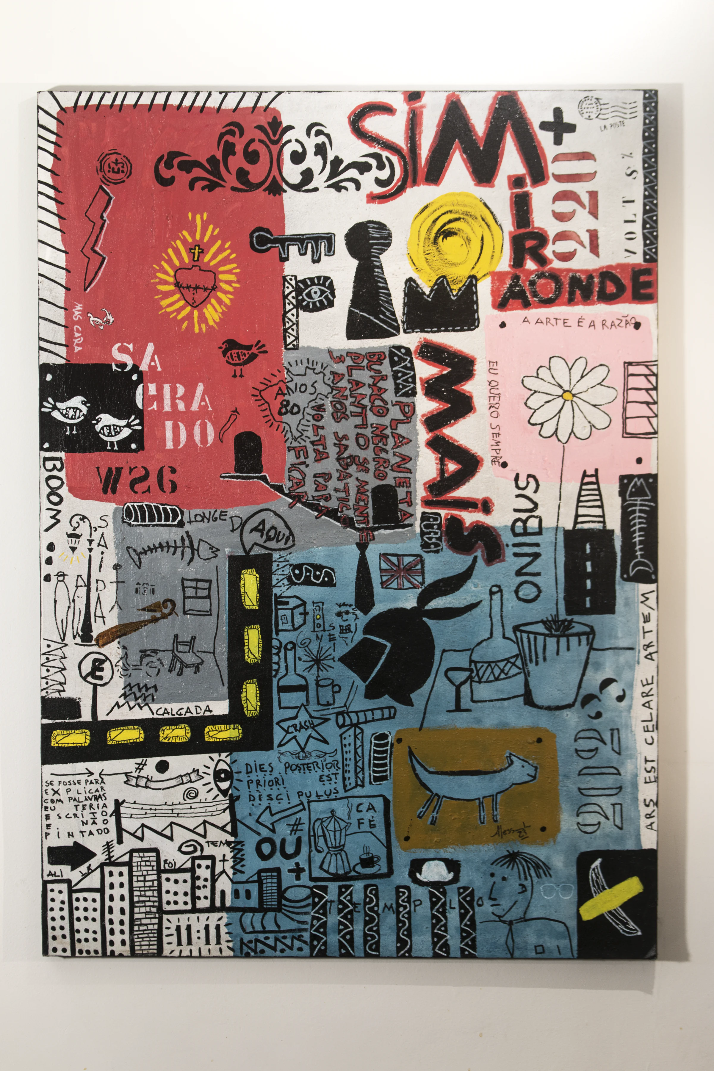 Red, gray, and blue painting with city, fish, cup, and writing distributed in layers.