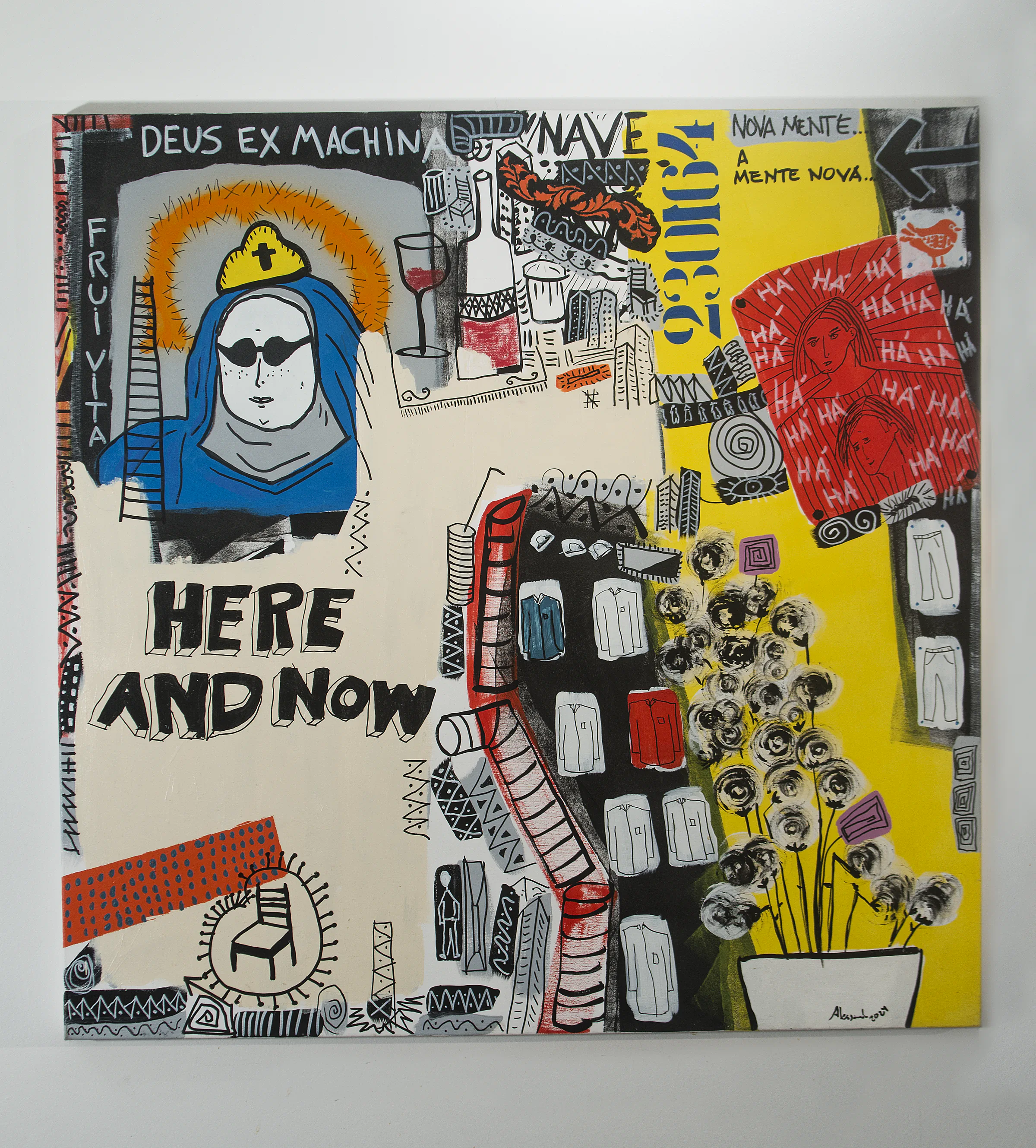 Painting with flowers, a blue figure, numbers, and graphic references in a collage-like composition.