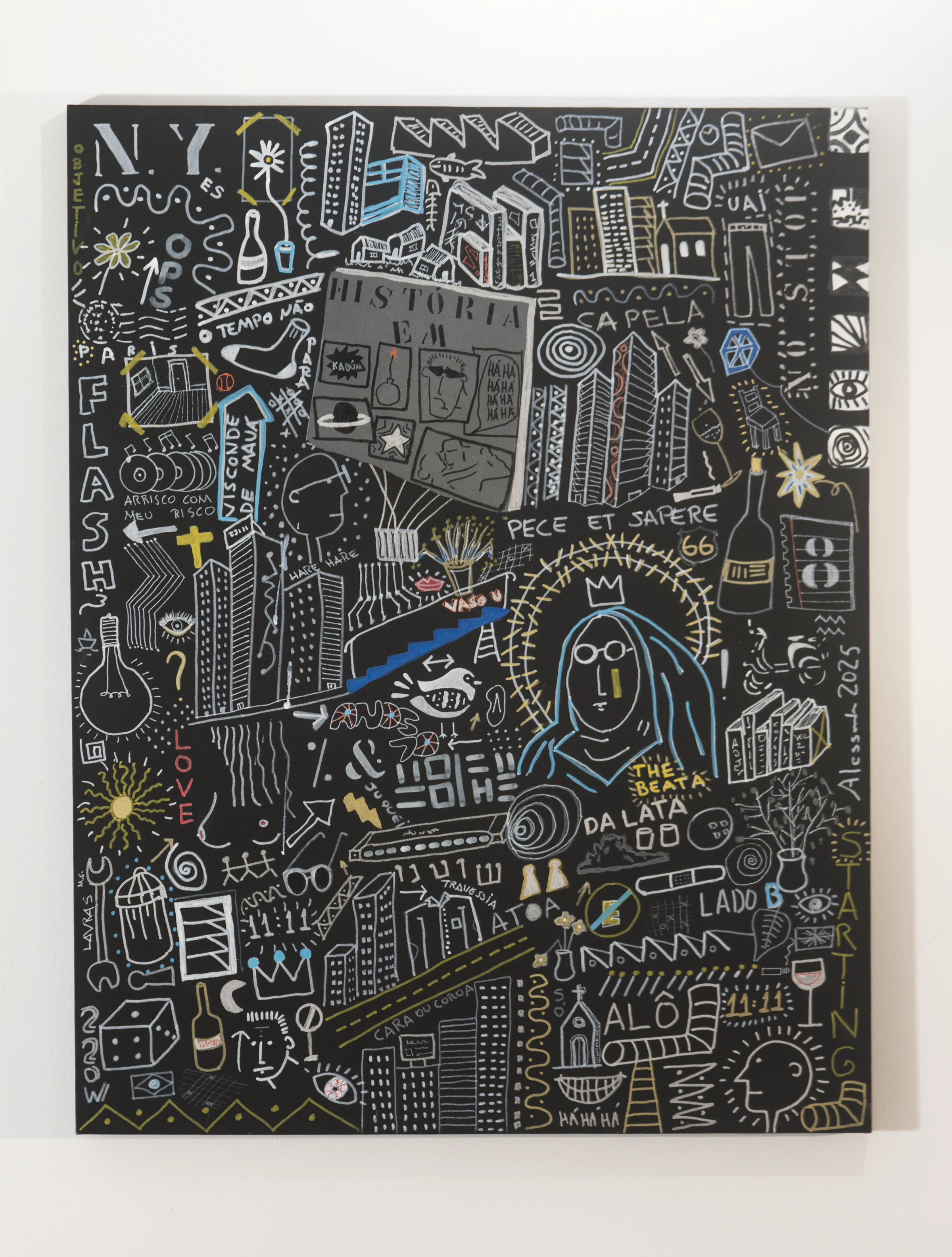Dark-ground painting combining a saintly figure, inscriptions, and urban signs.