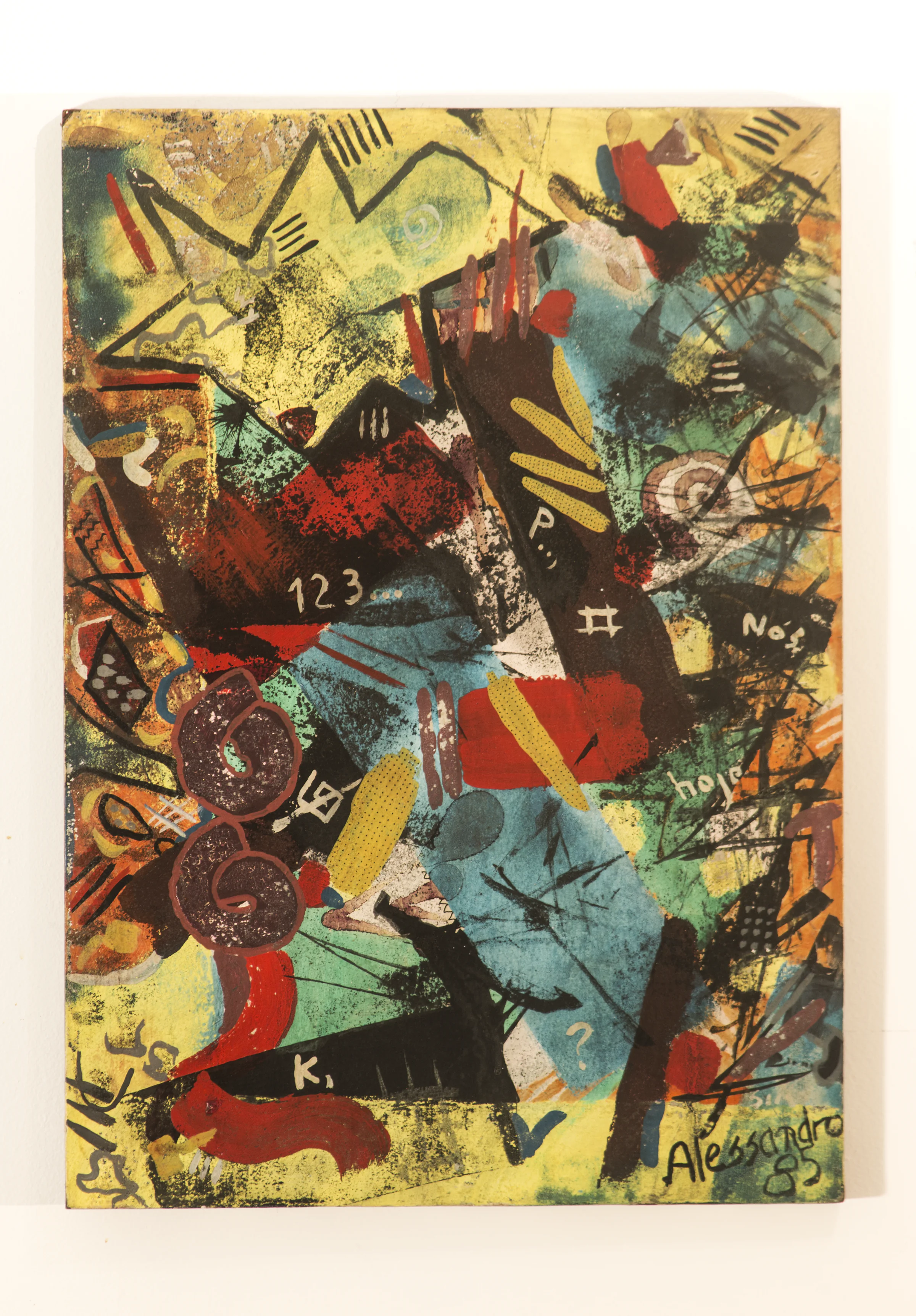 Vertical abstract work from 1985 formed by rectangular areas of color and texture.