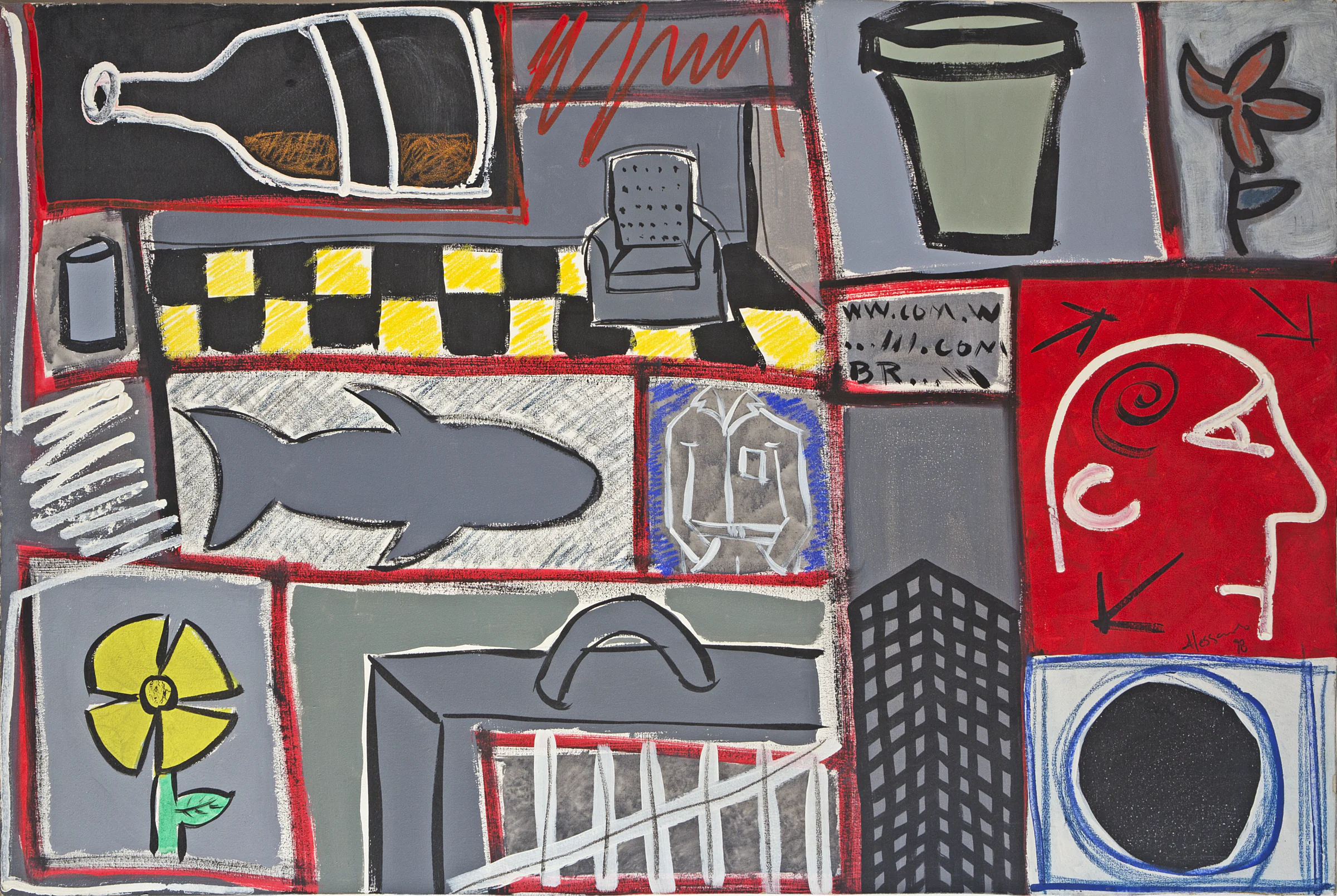 Abstract 1990 work in grays with blocks, scratches, and contained areas of color.