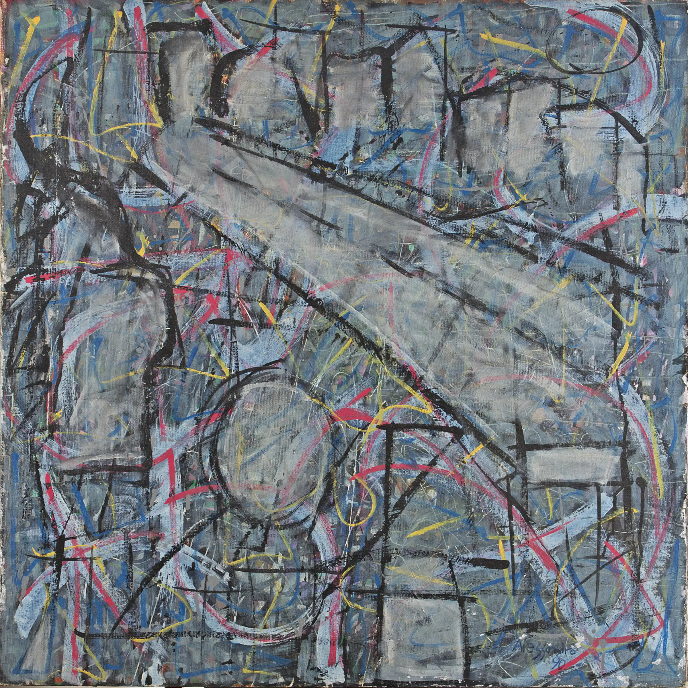 1995 work with an abstract vessel and flowers in a gray, red, and white composition.