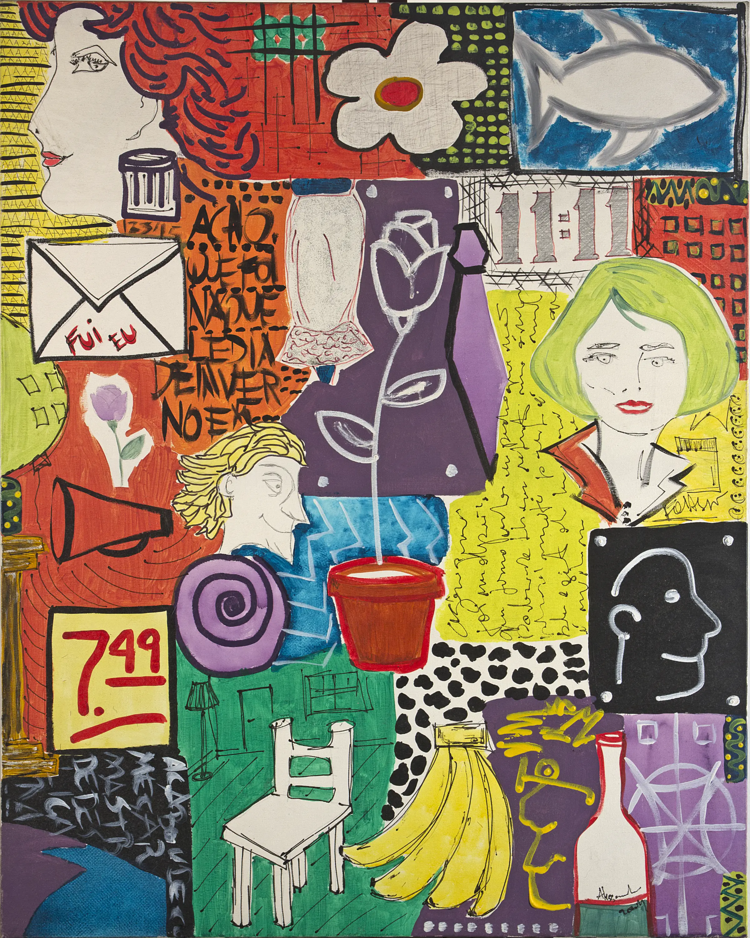2001 work with urban scenes and everyday objects distributed in colored compartments.