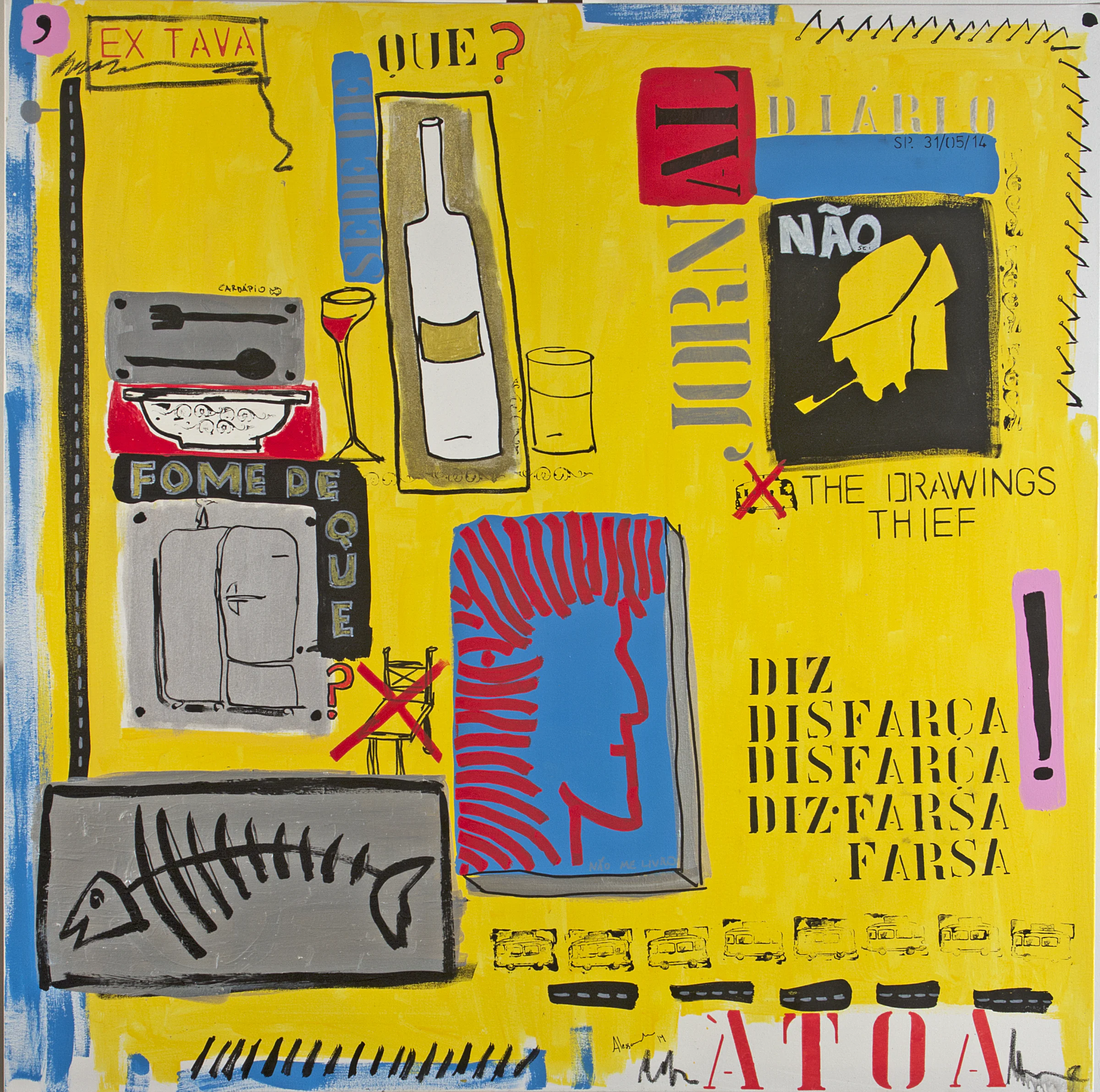 2014 work dominated by yellow with overlapping graphic signs and figures.