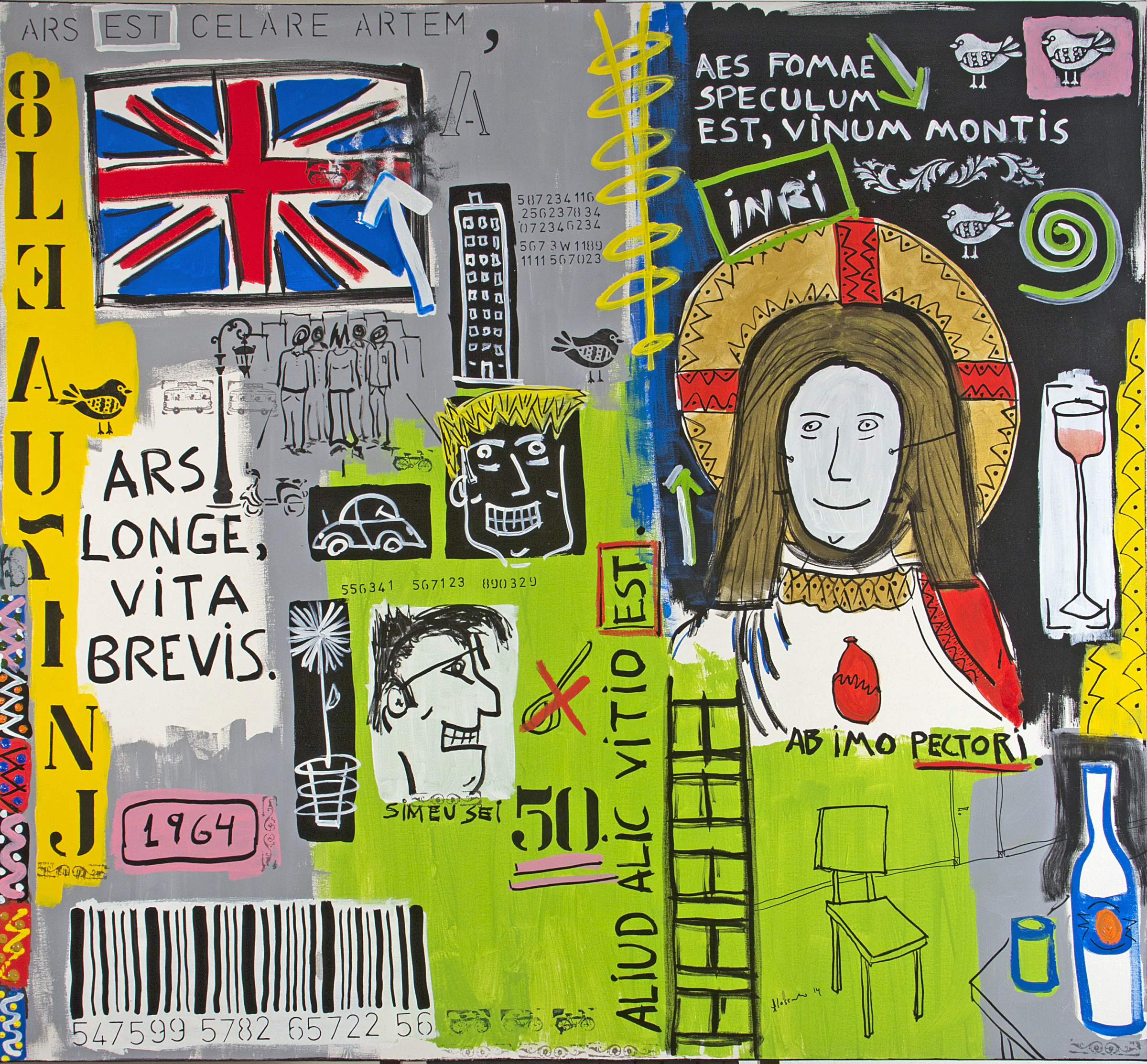 Gray and green square work from 2014 with a figure and gestural signs.