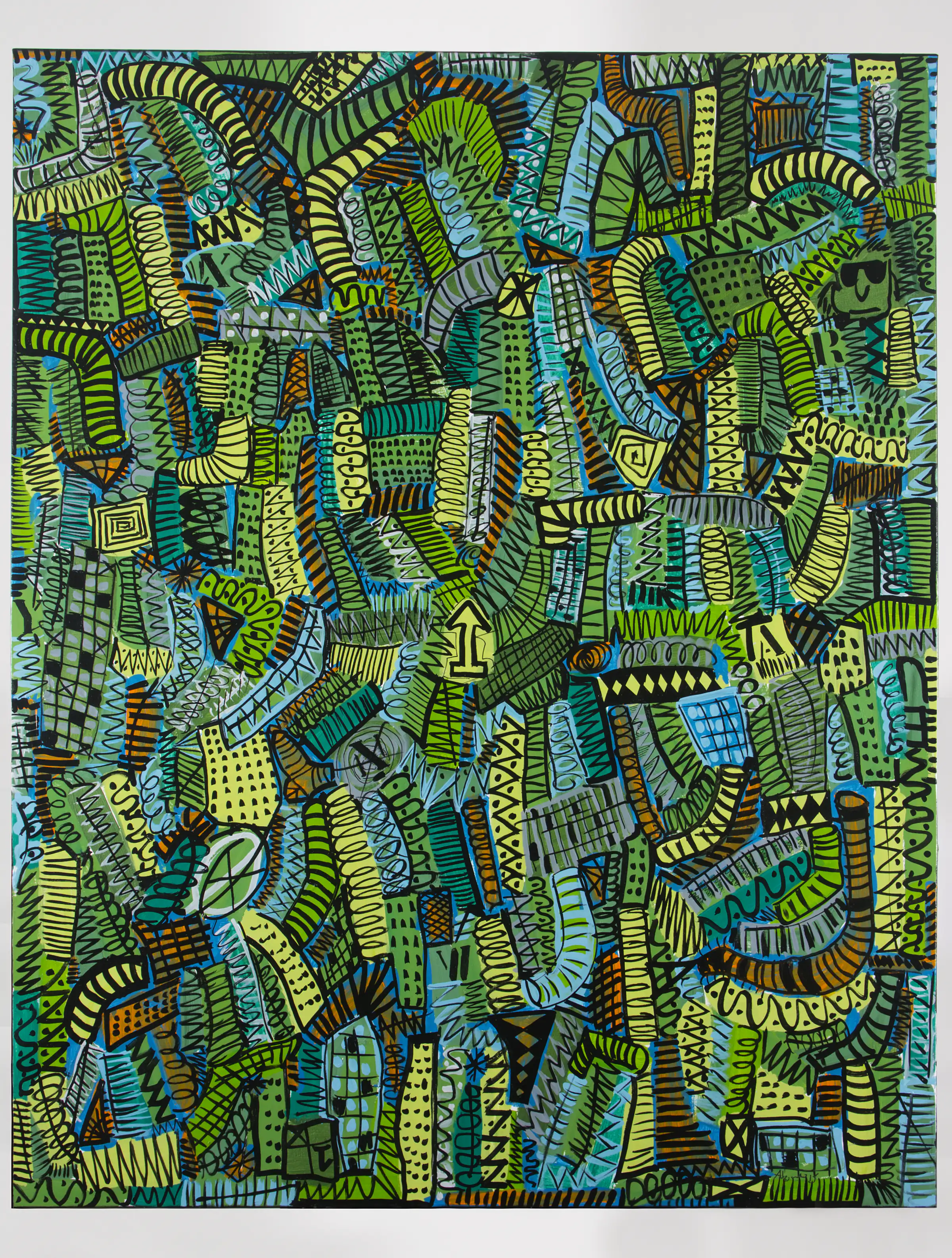 Green vertical work from 2014 with densely accumulated writing, figures, and lines.