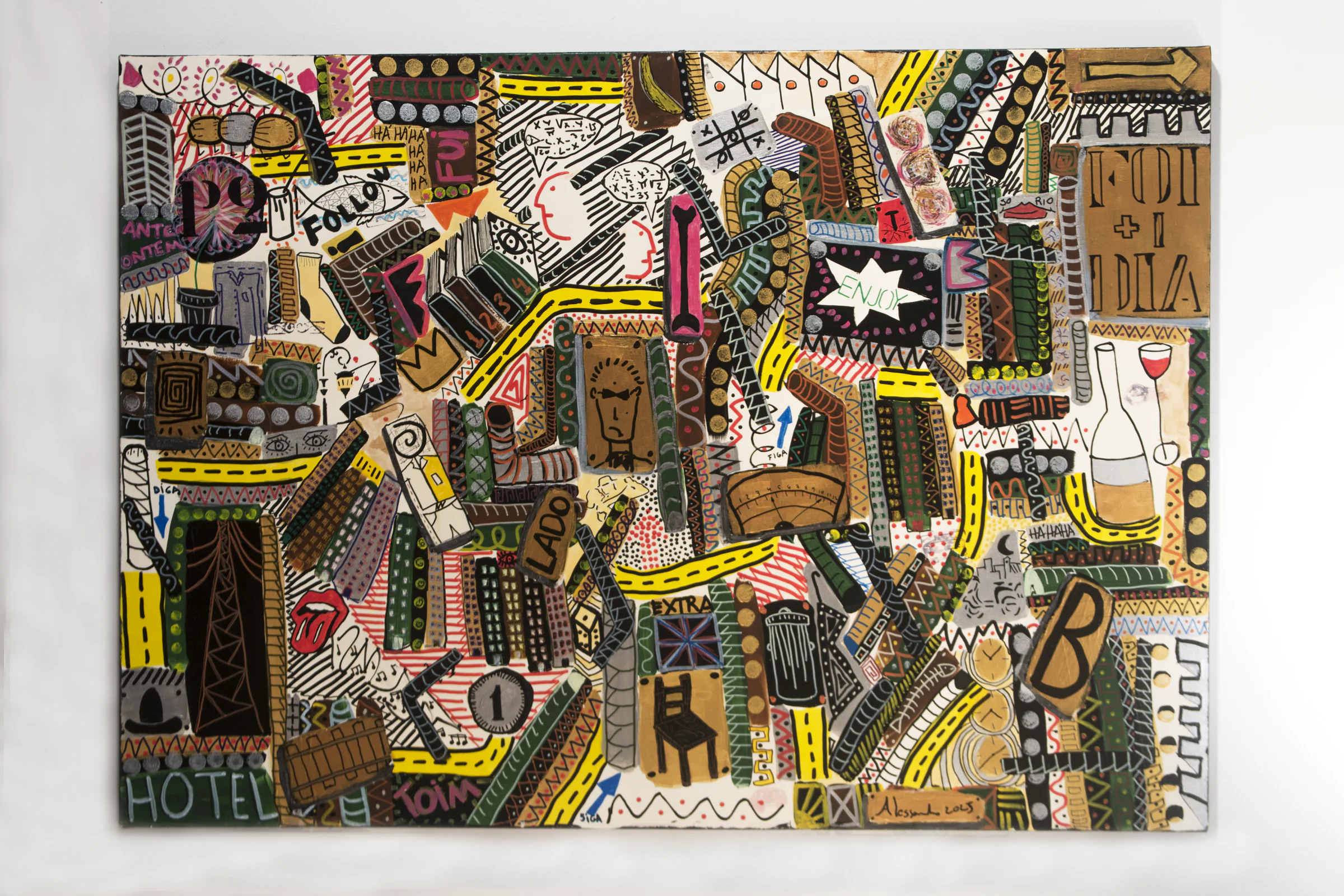 Horizontal painting of musical and urban references built from writing, figures, and vivid color.
