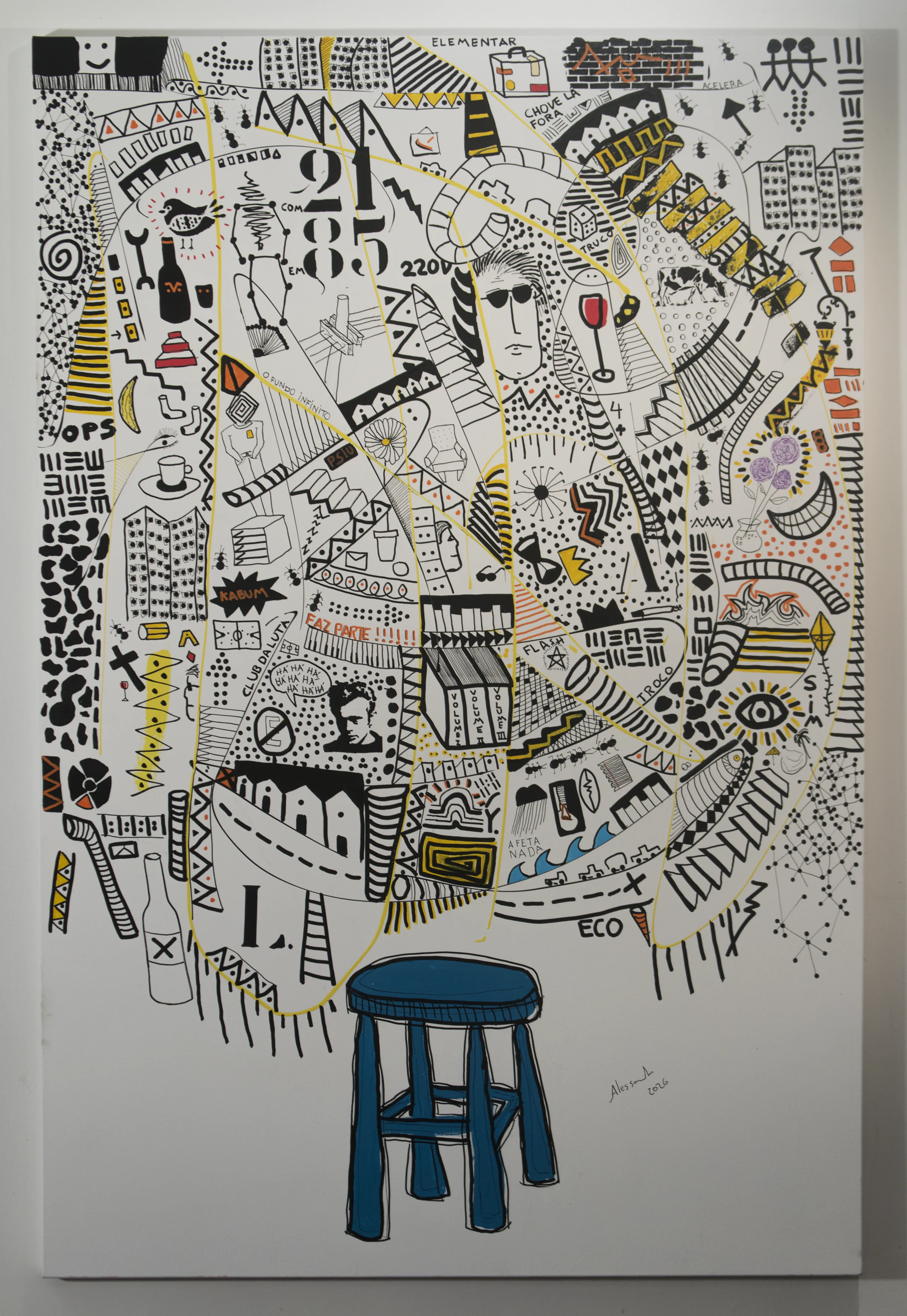 Vertical painting in which a blue stool organizes a vibrant field of lines, marks, and urban signs.