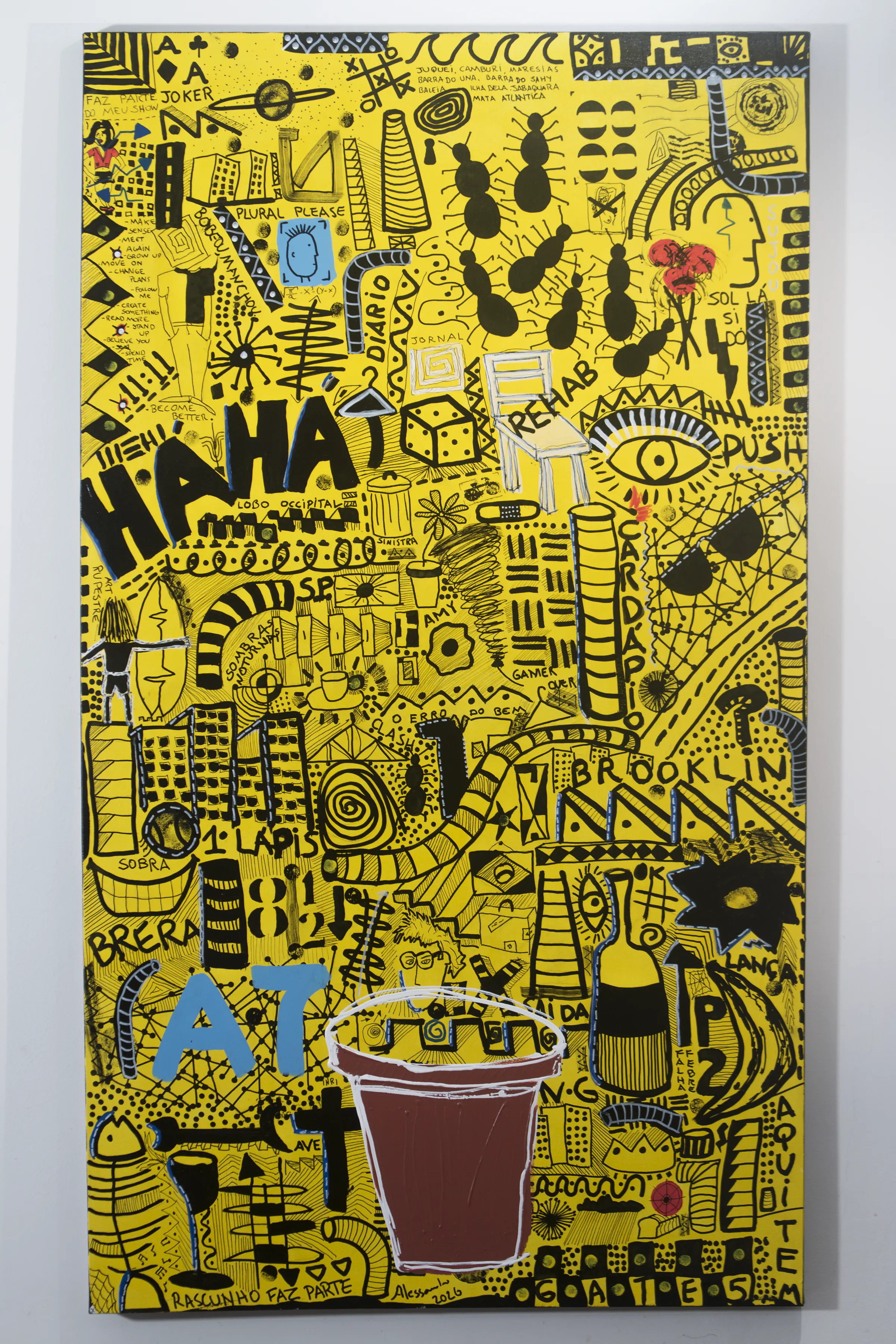 Narrow vertical painting with figures, letters, and overlapping paths in an ascending rhythm.