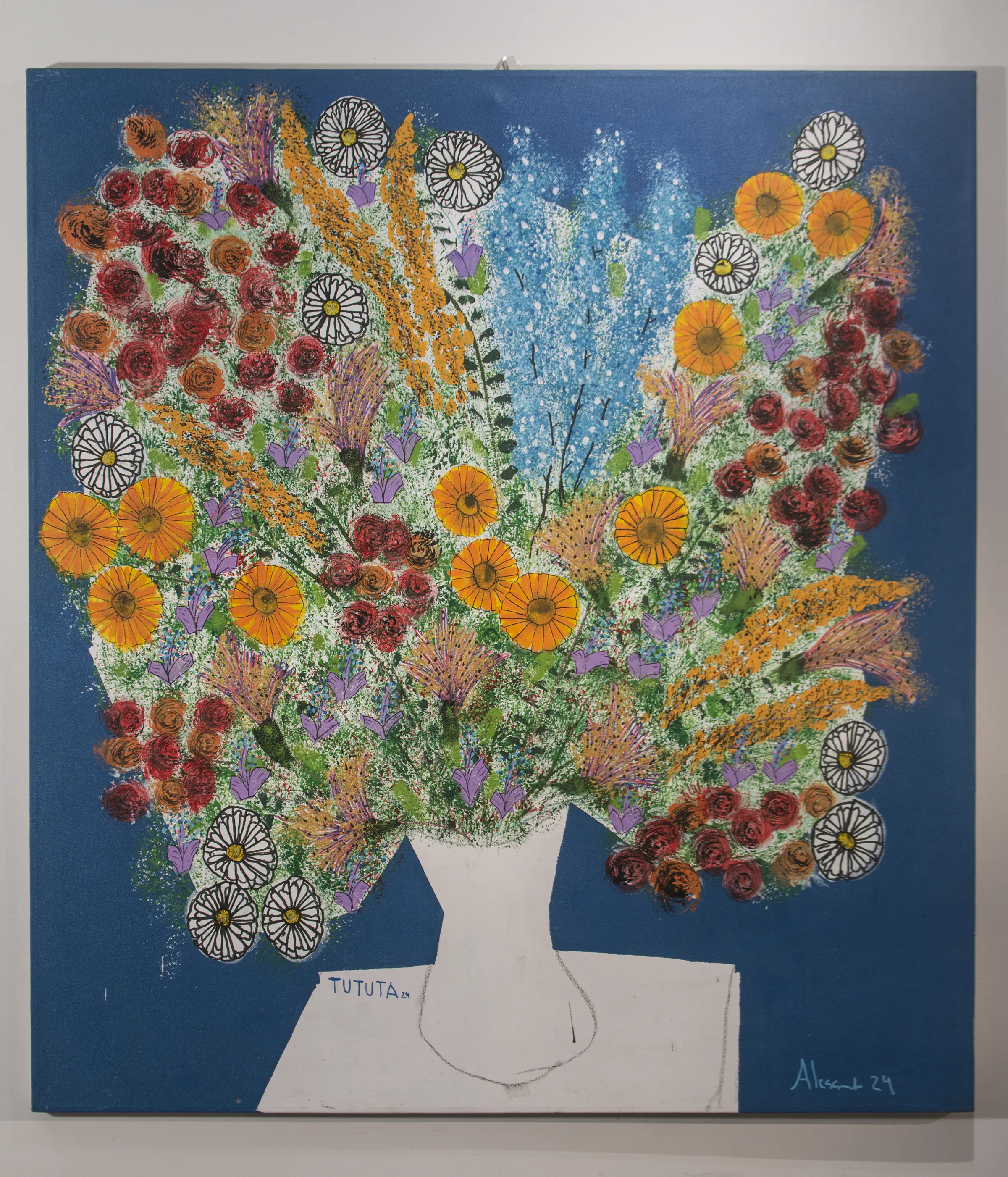 Large painting with flowers, a vessel, and a figure articulated through lines and fields of color.