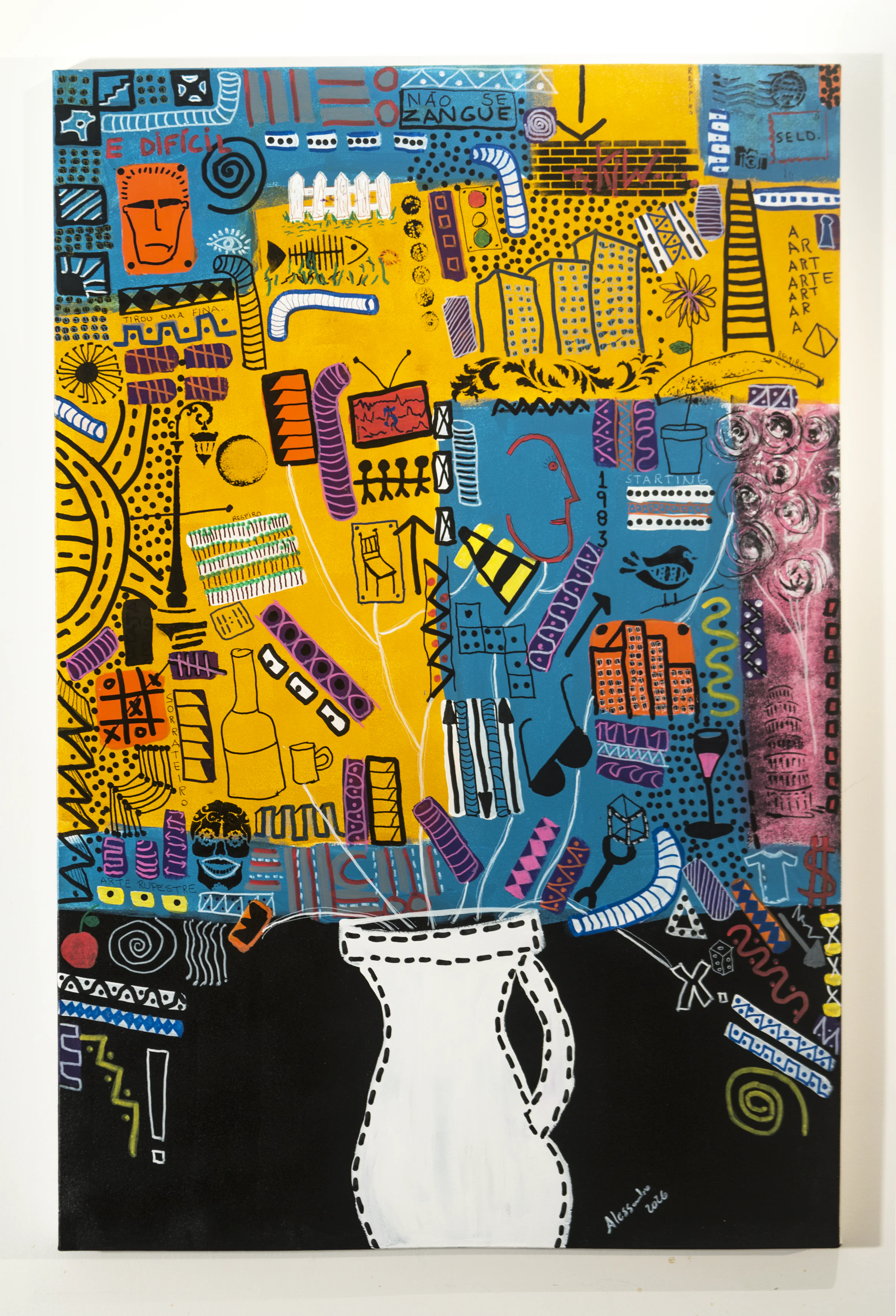 Vertical Vazando painting with a vessel and a flow of symbols, lines, and layered color.