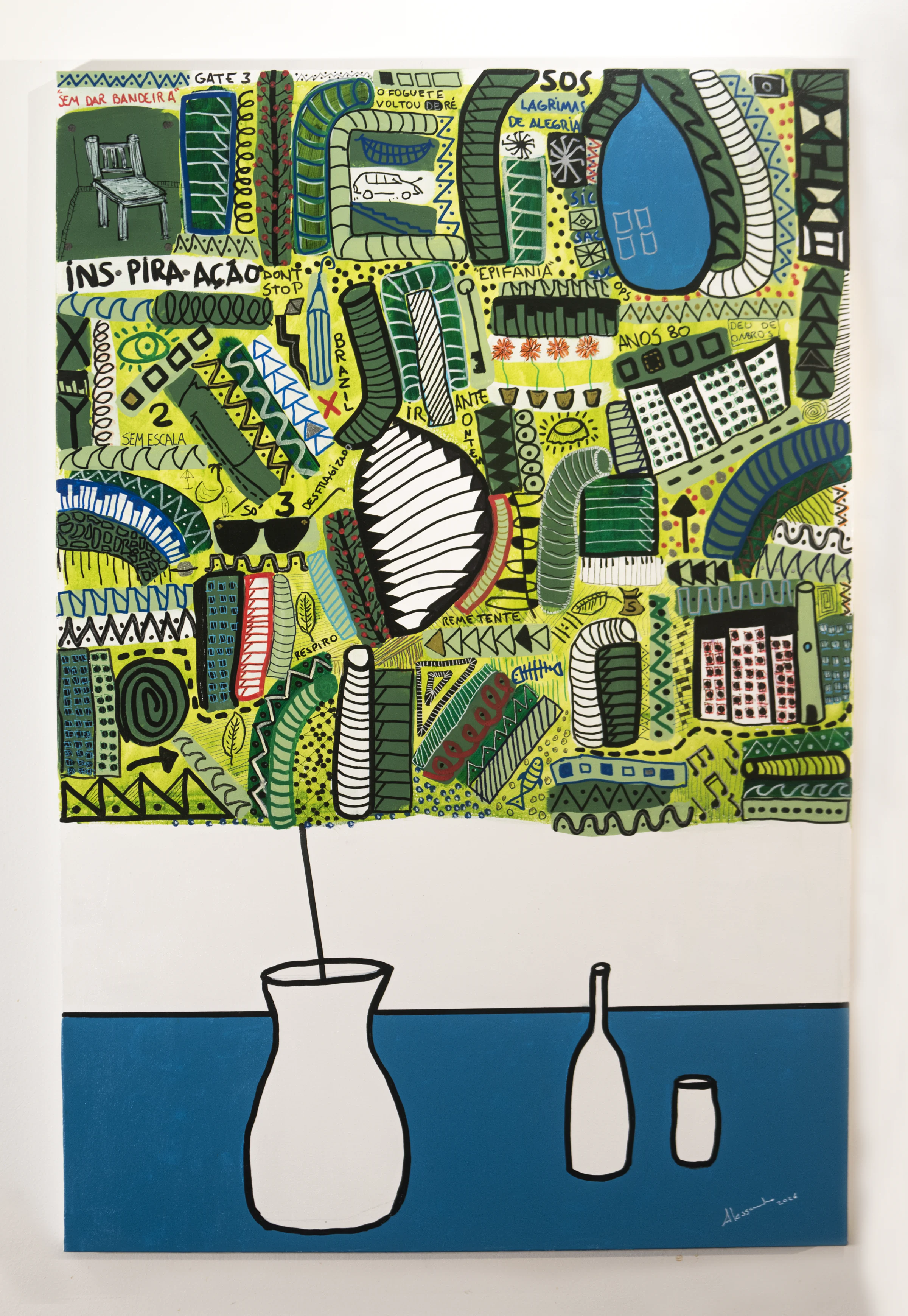 Vertical Vazando painting with a dark vessel anchoring a graphic, multicolored composition.